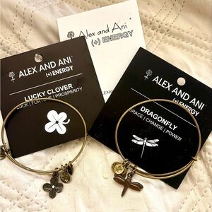 Alex and Ani Gold lucky clover, Dragonfly charm expandable Bangle Bracelet